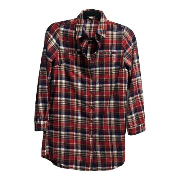 Hot & Delicious Red Blue White Plaid Flannel Shirt Medium Long Length Grunge - Picture 1 of 8